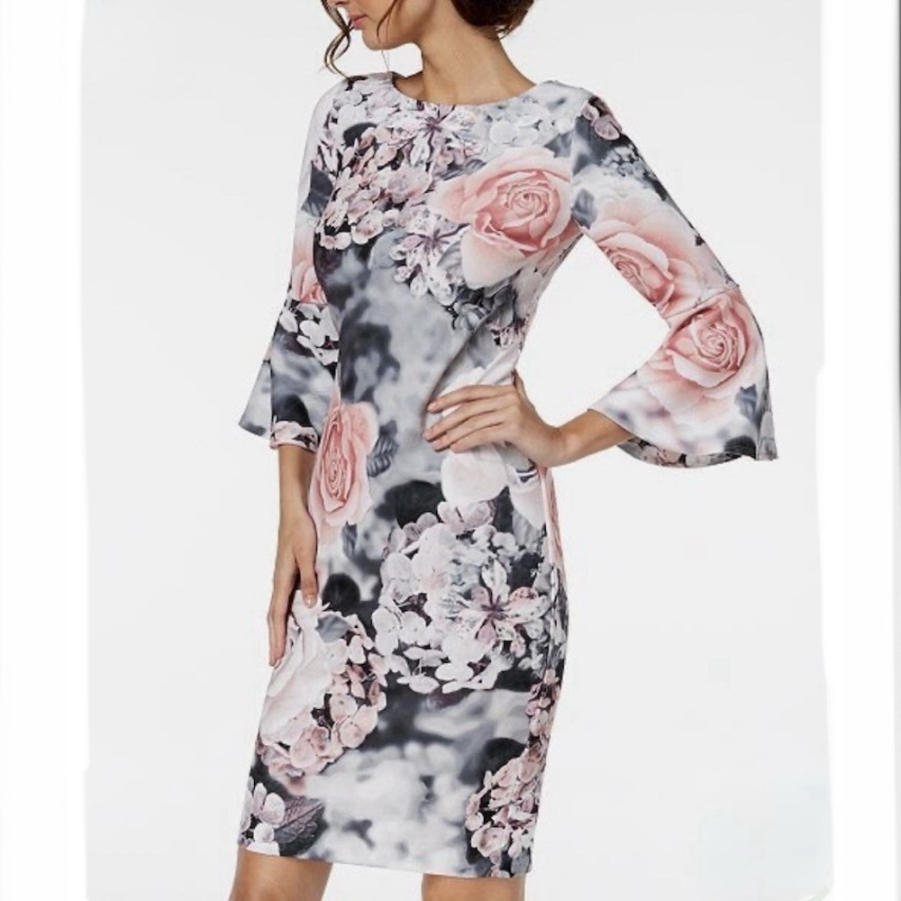 Calvin Klein Floral Bell Sleeve Stretch Crepe Sheath Dress Office Wedding 10